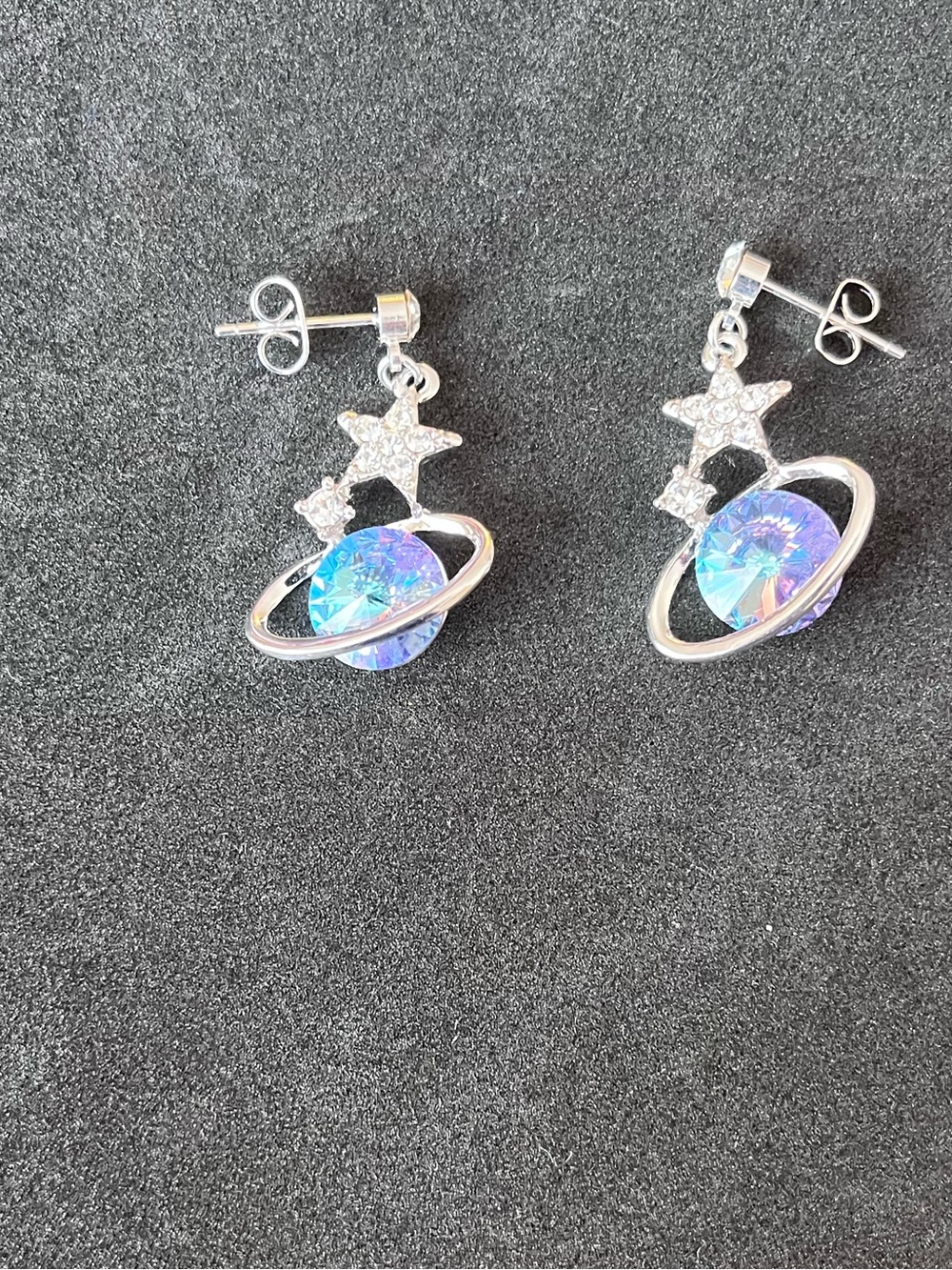 Silver Saturn Star Drop Earrings with Iridescent Crystal